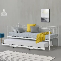 Cadre de Lit Gigogne en Métal Skutskär Blanc 90x200cm en.casa>[En.Casa] Online