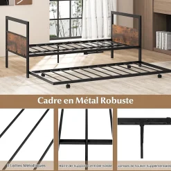 Giantex Cadre de Lit Gigogne Lot de 2 Lit Simple Banquette Lattes Métalliques Tête et Pied de Lit Peu Encombrant Pieds Pliants* Lit Simple