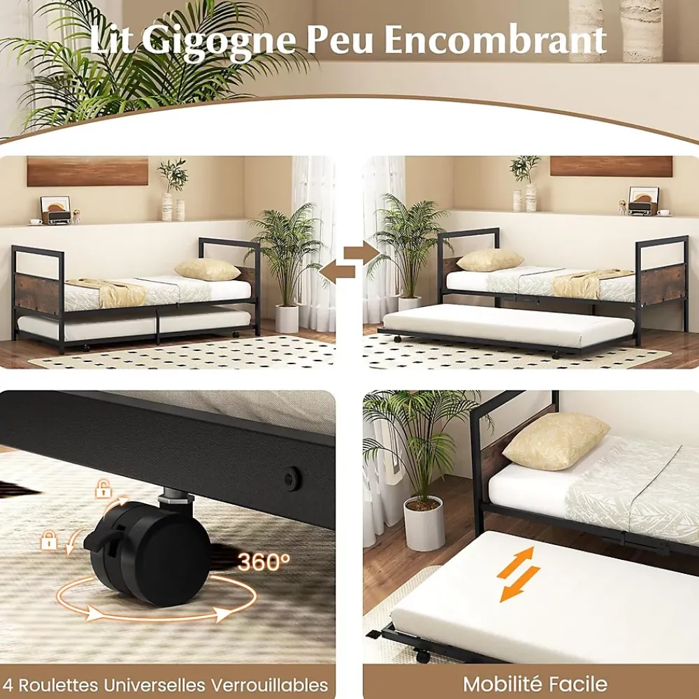 Giantex Cadre de Lit Gigogne Lot de 2 Lit Simple Banquette Lattes Métalliques Tête et Pied de Lit Peu Encombrant Pieds Pliants* Lit Simple