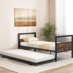 Giantex Cadre de Lit Gigogne Lot de 2 Lit Simple Banquette Lattes Métalliques Tête et Pied de Lit Peu Encombrant Pieds Pliants* Lit Simple
