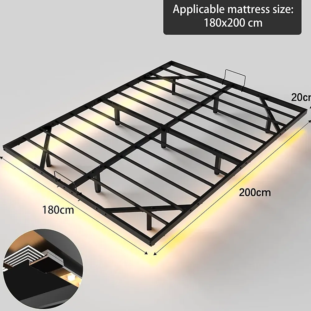 Generique Cadre de lit LED en métal 180x200 cm, hauteur 20 cm, cadre flottant, pieds dissimulés, noir* Lit Double