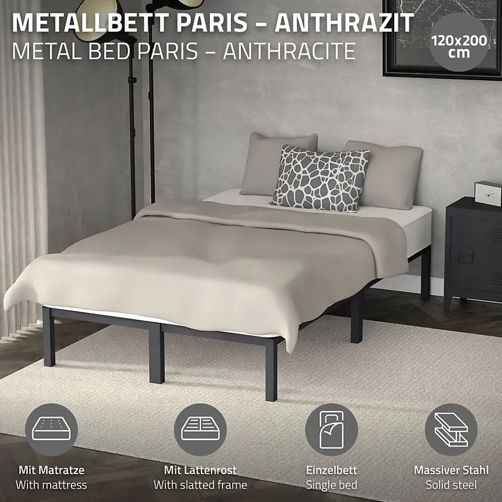 Cadre de lit métal anthracite matelas H:16 cm sommier à lattes intégré 120x200cm>Ml-Design Best