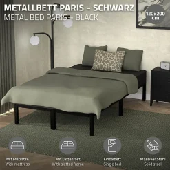 Ml-Design Cadre de lit noir en métal 120x200cm avec sommier à lattes matelas H:16 cm* Sommier