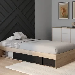 IDMarket Cadre de lit simple SALEM avec rangement et sommier 90 x 190 CM façon hêtre et noir* Lit Avec Rangement