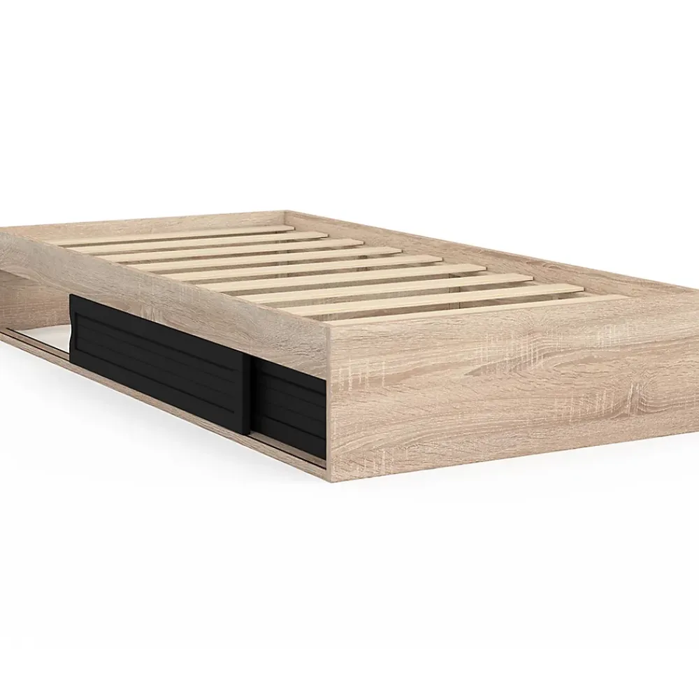 IDMarket Cadre de lit simple SALEM avec rangement et sommier 90 x 190 CM façon hêtre et noir* Lit Avec Rangement
