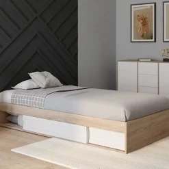 Cadre de lit simple SALEM avec rangement et sommier 90 x 190 CM façon hêtre et blanc>IDMarket Sale