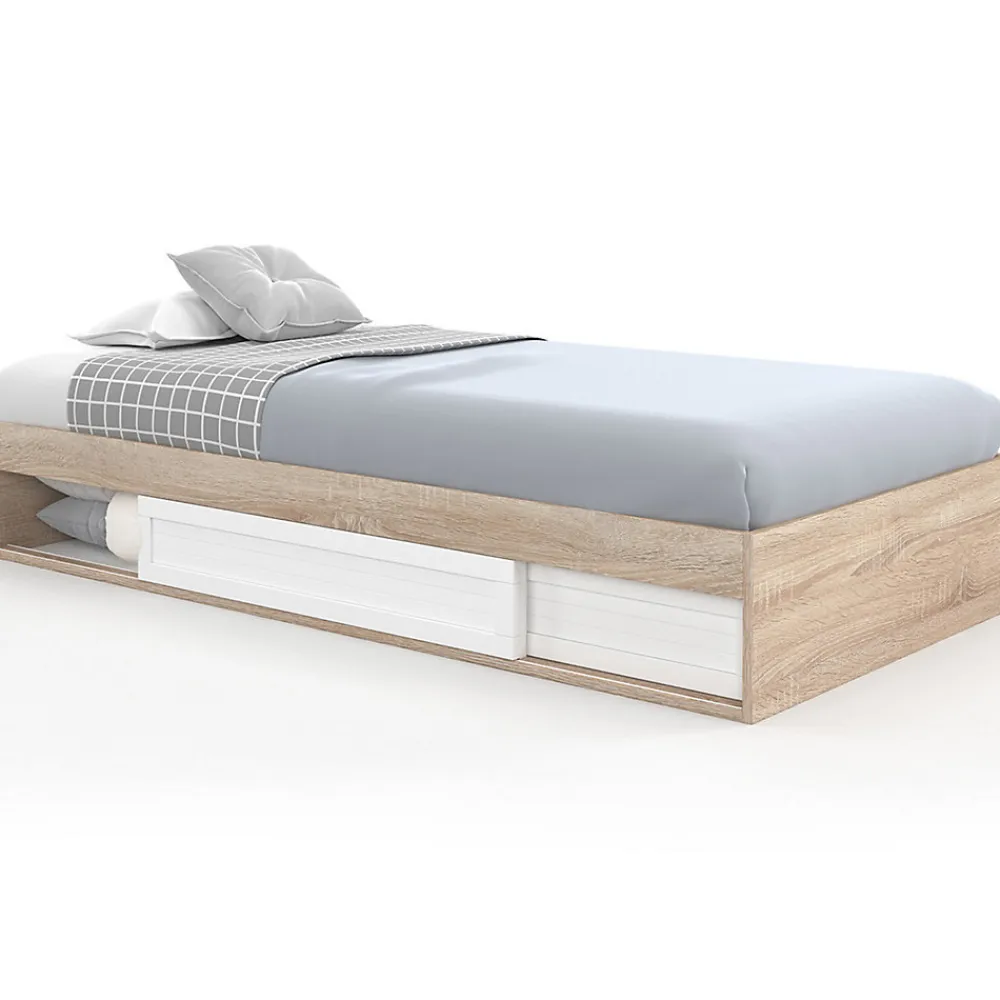 Cadre de lit simple SALEM avec rangement et sommier 90 x 190 CM façon hêtre et blanc>IDMarket Sale