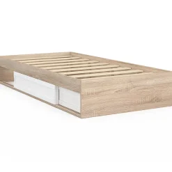 Cadre de lit simple SALEM avec rangement et sommier 90 x 190 CM façon hêtre et blanc><noscript><img width=
