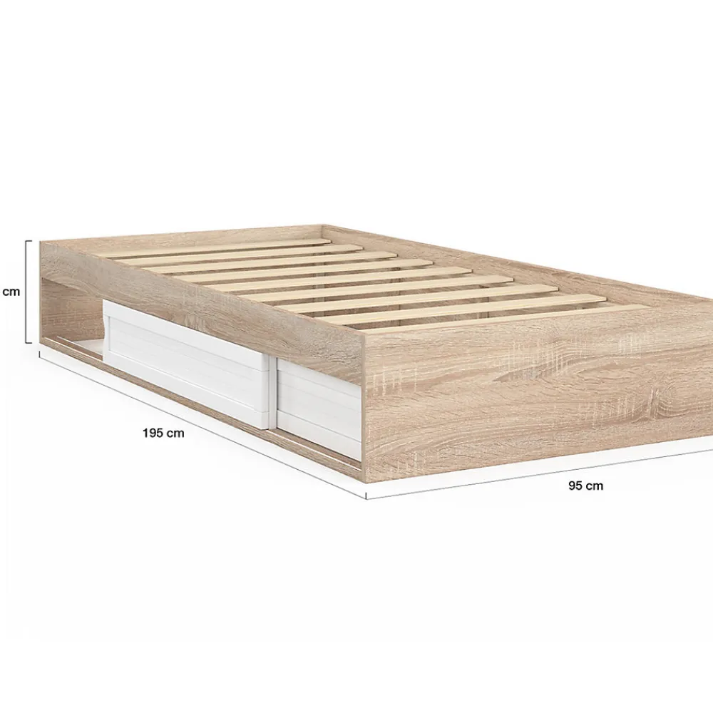 Cadre de lit simple SALEM avec rangement et sommier 90 x 190 CM façon hêtre et blanc>IDMarket Sale