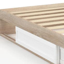 Cadre de lit simple SALEM avec rangement et sommier 90 x 190 CM façon hêtre et blanc><noscript><img width=