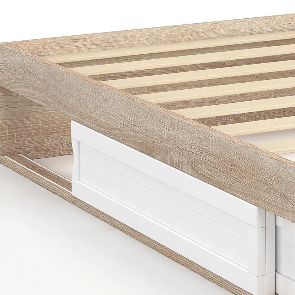 Cadre de lit simple SALEM avec rangement et sommier 90 x 190 CM façon hêtre et blanc>IDMarket Sale