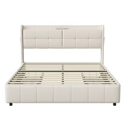Cadre de lit 160x200cm, à lattes, fonction de chargement USB, tiroirs, cuir PU, blanc><noscript><img width=
