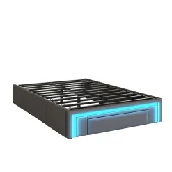 Cadre de lit 90x200cm sans tête, LED, PU, plateforme métal avec tiroirs, gris><noscript><img width=