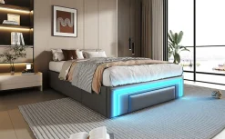 Cadre de lit 90x200cm sans tête, LED, PU, plateforme métal avec tiroirs, gris><noscript><img width=