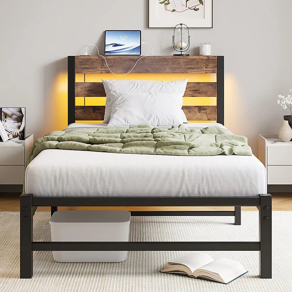 Cadre lit LED 90x200 cm, recharge USB, rangement sous matelas, structure métal>Blackcolors New