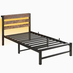 Cadre lit LED 90x200 cm, recharge USB, rangement sous matelas, structure métal><noscript><img width=