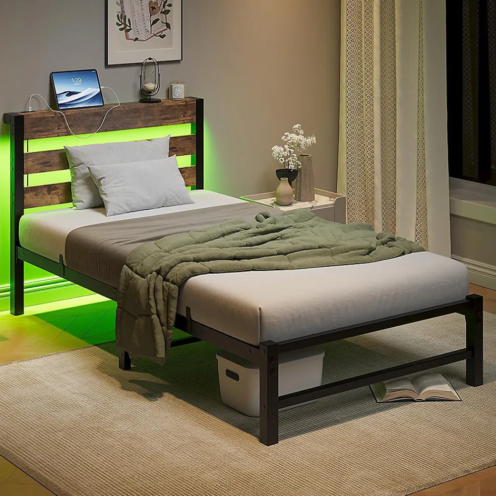 Cadre lit LED 90x200 cm, recharge USB, rangement sous matelas, structure métal>Blackcolors New