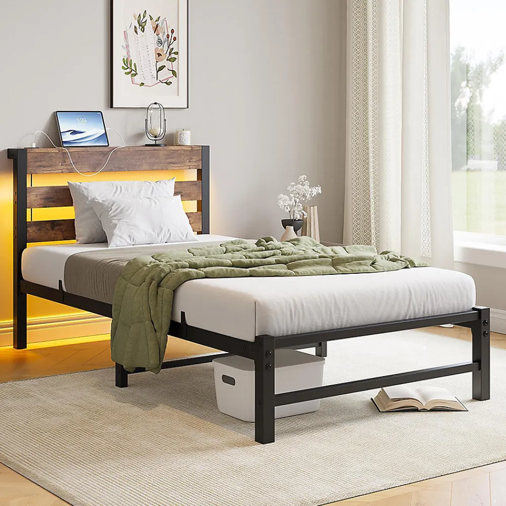 Cadre lit LED 90x200 cm, recharge USB, rangement sous matelas, structure métal>Blackcolors New