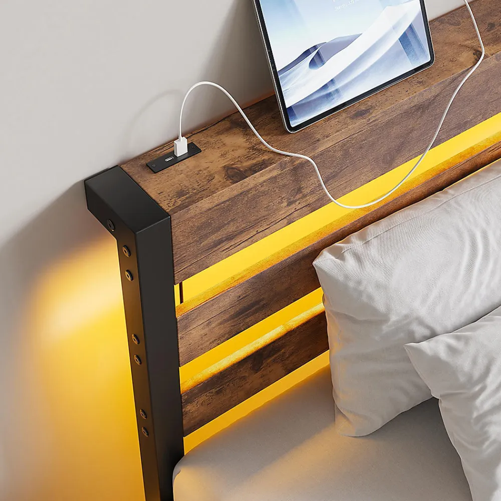 Cadre lit LED 90x200 cm, recharge USB, rangement sous matelas, structure métal>Blackcolors New