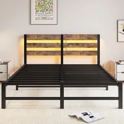 Cadre lit LED 140x200 cm, recharge USB, rangement sous matelas, métal><noscript><img width=