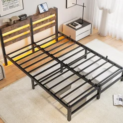 Cadre lit LED 140x200 cm, recharge USB, rangement sous matelas, métal><noscript><img width=