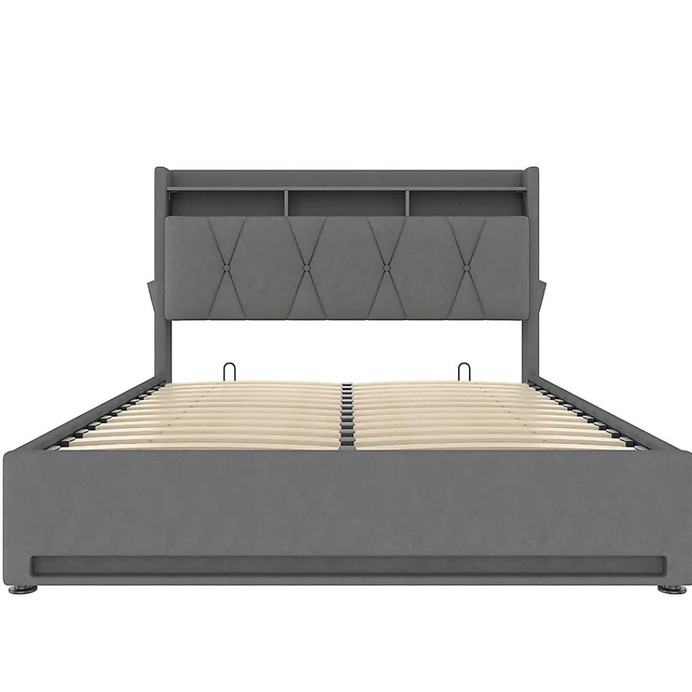 Cadre lit rembourré 160x200 cm, LED, USB-C, rangement hydraulique sous lit - gris>Blackcolors Discount