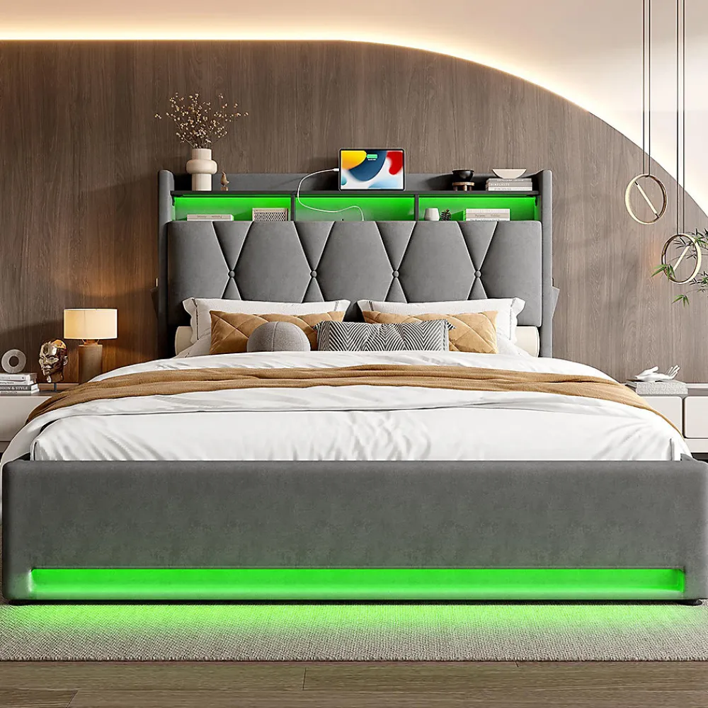 Cadre lit rembourré 160x200 cm, LED, USB-C, rangement hydraulique sous lit - gris>Blackcolors Discount
