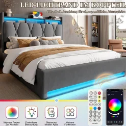 Cadre lit rembourré 160x200 cm, LED, USB-C, rangement hydraulique sous lit - gris><noscript><img width=