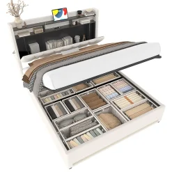 Blackcolors Cadre lit rembourré 140x200 cm, LED, USB-C, rangement hydraulique sous lit - beige* Lit Coffre