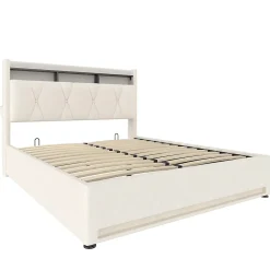 Blackcolors Cadre lit rembourré 140x200 cm, LED, USB-C, rangement hydraulique sous lit - beige* Lit Coffre