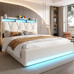 Blackcolors Cadre lit rembourré 140x200 cm, LED, USB-C, rangement hydraulique sous lit - beige* Lit Coffre