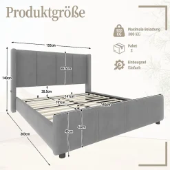 Blackcolors Cadre lit rembourré 140x190 cm, tête/pied hauts, USB, fer/bois - gris* Lit Coffre
