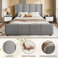 Blackcolors Cadre lit rembourré 140x190 cm, tête/pied hauts, USB, fer/bois - gris* Lit Coffre