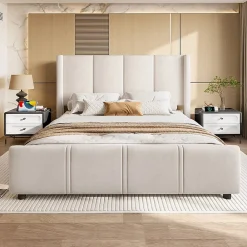 Blackcolors Cadre lit 140x200cm, tête/pied hauts, USB, fer + bois, beige* Lit Coffre