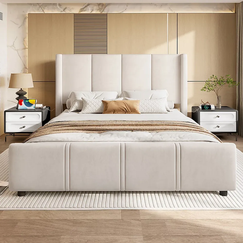 Blackcolors Cadre lit 140x200cm, tête/pied hauts, USB, fer + bois, beige* Lit Coffre