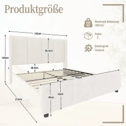 Blackcolors Cadre lit 140x200cm, tête/pied hauts, USB, fer + bois, beige* Lit Coffre