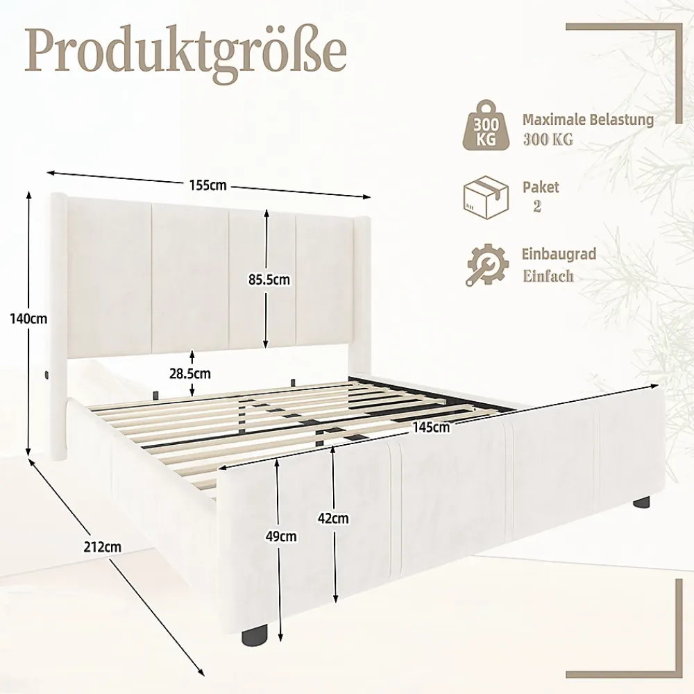 Blackcolors Cadre lit 140x200cm, tête/pied hauts, USB, fer + bois, beige* Lit Coffre