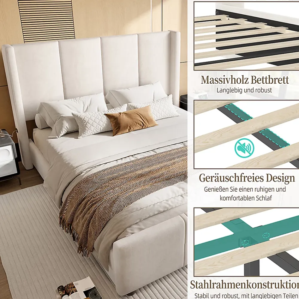 Blackcolors Cadre lit 140x200cm, tête/pied hauts, USB, fer + bois, beige* Lit Coffre