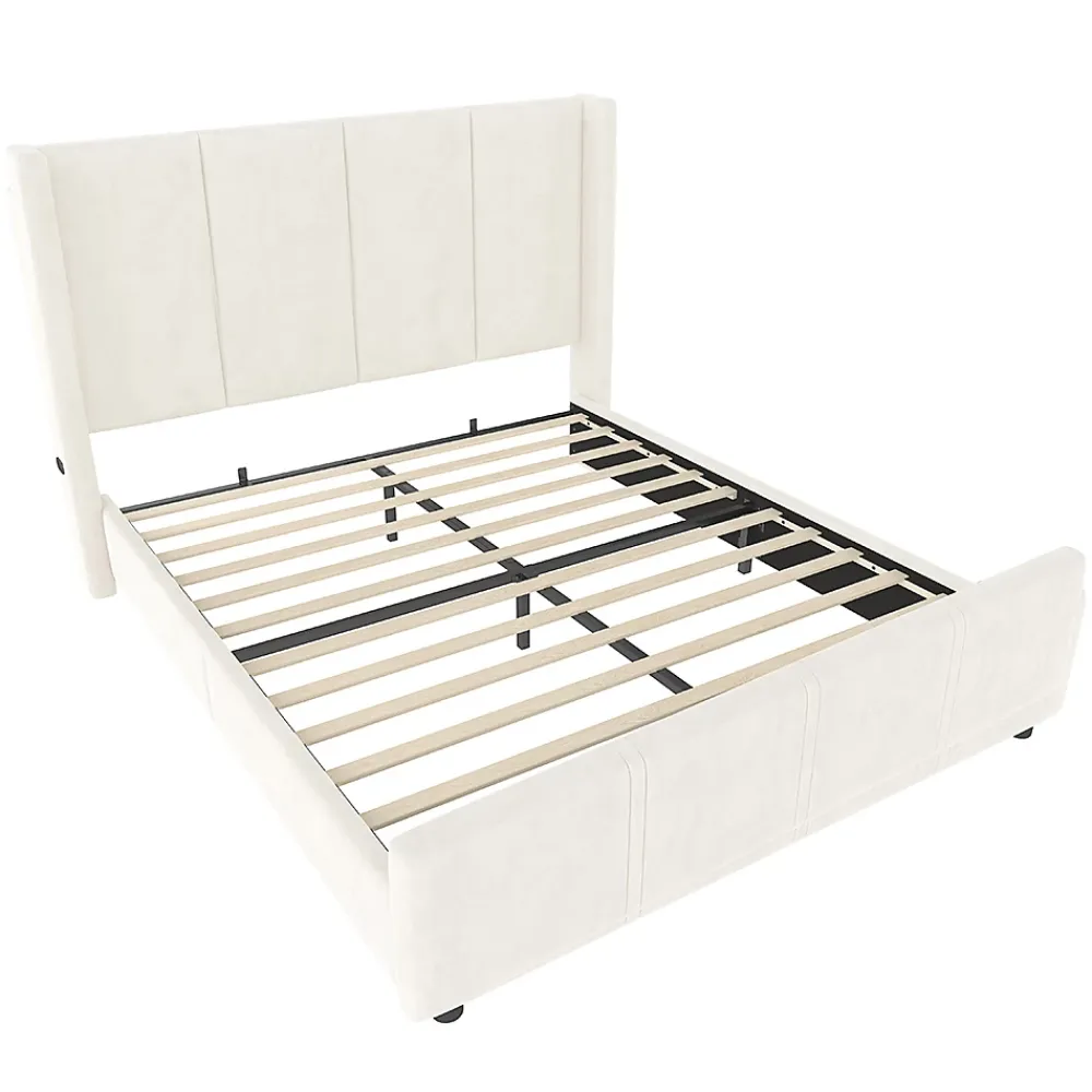 Blackcolors Cadre lit 140x200cm, tête/pied hauts, USB, fer + bois, beige* Lit Coffre