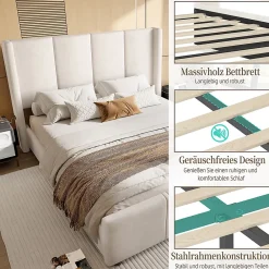 Blackcolors Cadre lit 140x200cm, tête/pied hauts, USB, fer + bois, beige* Lit Coffre