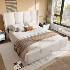 Blackcolors Cadre lit 140x200cm, tête/pied hauts, USB, fer + bois, beige* Lit Coffre