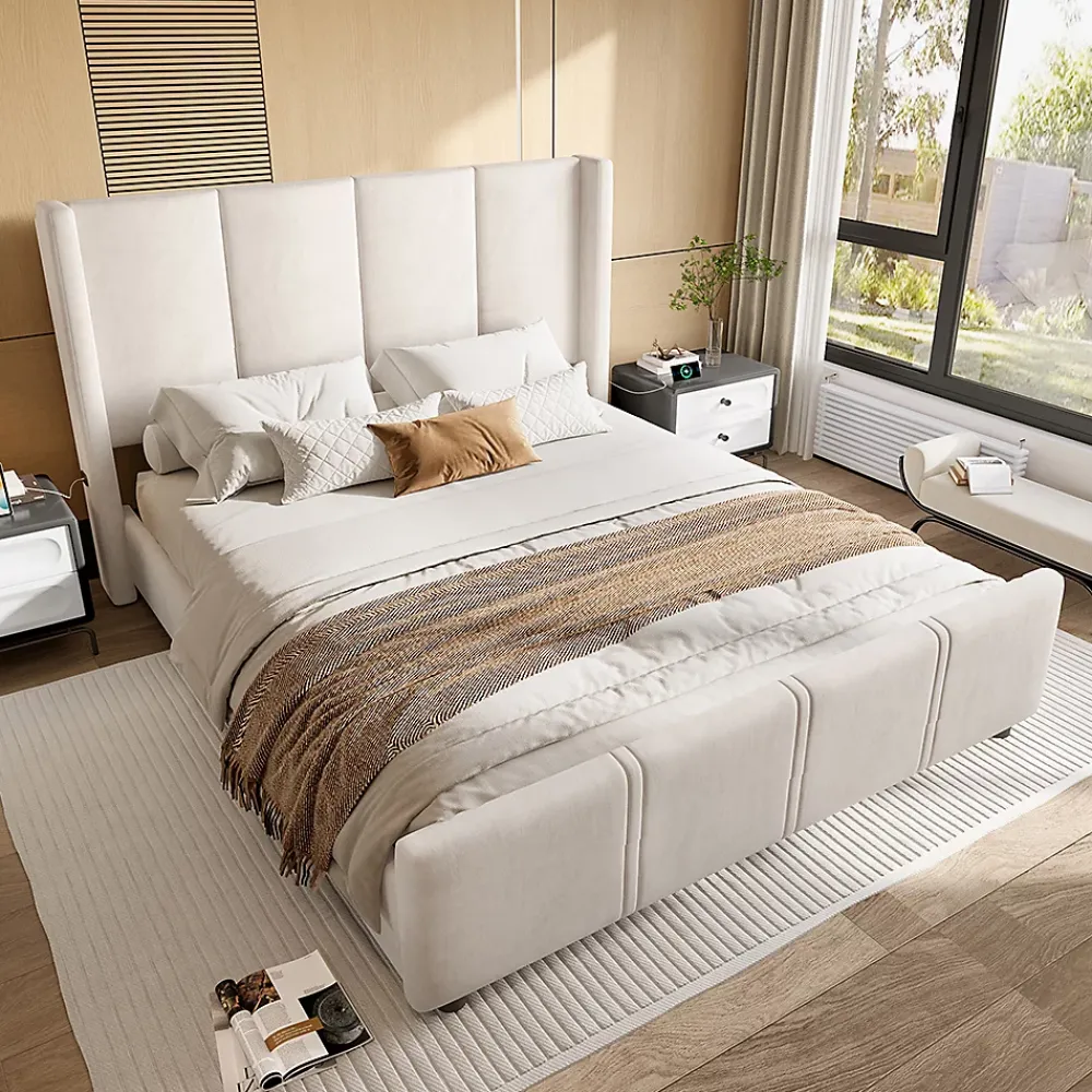 Blackcolors Cadre lit 140x200cm, tête/pied hauts, USB, fer + bois, beige* Lit Coffre