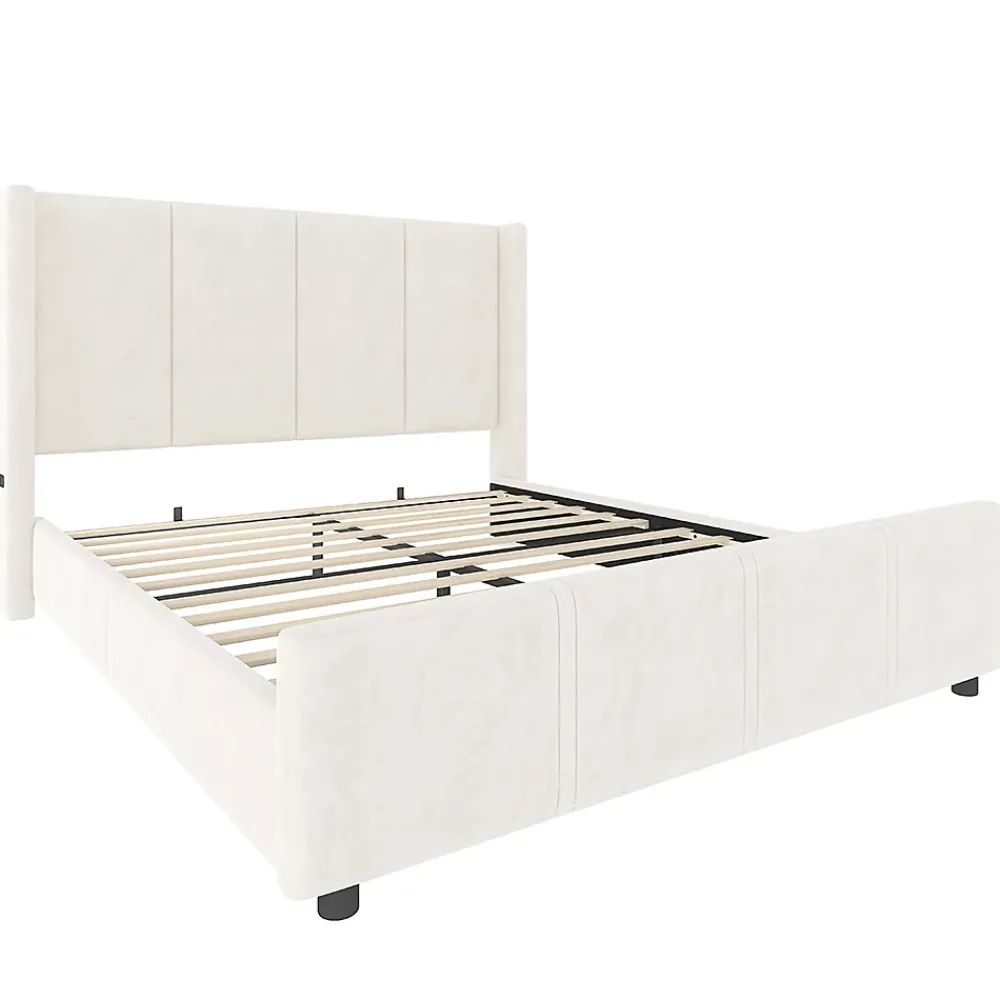 Blackcolors Cadre lit 140x200cm, tête/pied hauts, USB, fer + bois, beige* Lit Coffre