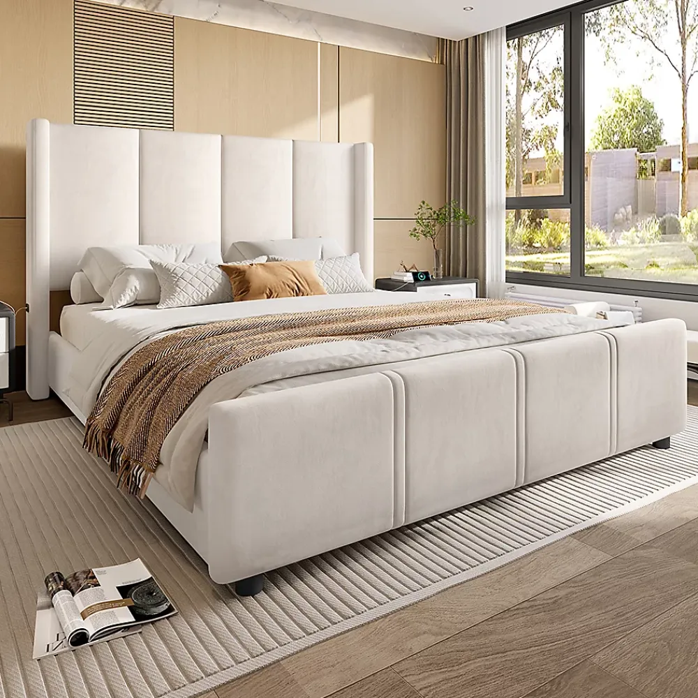 Blackcolors Cadre lit 140x200cm, tête/pied hauts, USB, fer + bois, beige* Lit Coffre