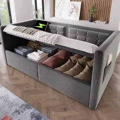Redom Canapé 3 places convertible en tissu avec mécanisme clic-clac, accoudoirs et style contemporain pour salon* Lit Coffre
