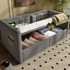 Redom Canapé 3 places convertible en tissu avec mécanisme clic-clac, accoudoirs et style contemporain pour salon* Lit Coffre