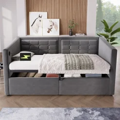 Redom Canapé 3 places convertible en tissu avec mécanisme clic-clac, accoudoirs et style contemporain pour salon* Lit Coffre