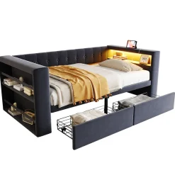 Canapé 3 places convertible 200x90x85 cm avec couchage 140x190 cm, coffre de rangement, tissu gris design>Redom Sale