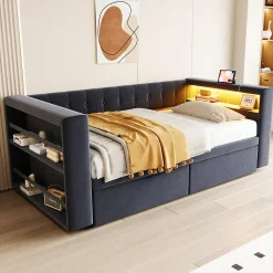 Canapé 3 places convertible 200x90x85 cm avec couchage 140x190 cm, coffre de rangement, tissu gris design>Redom Sale