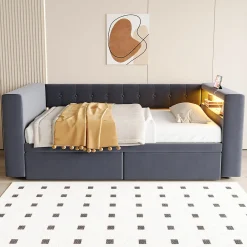 Canapé 3 places convertible 200x90x85 cm avec couchage 140x190 cm, coffre de rangement, tissu gris design><noscript><img width=